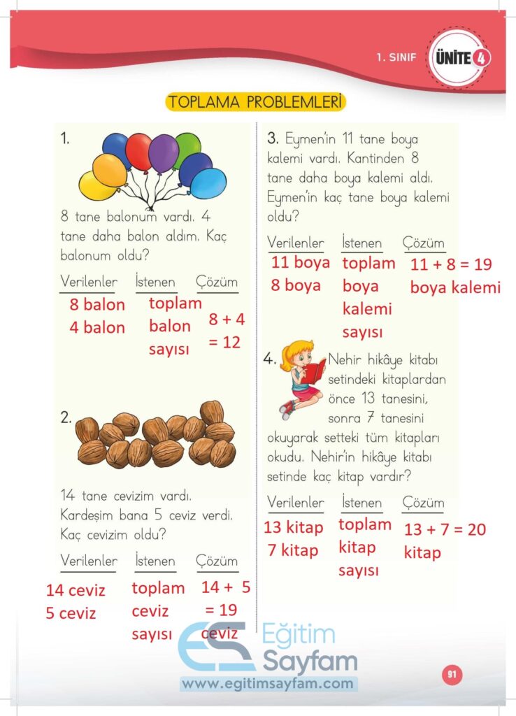 1. Sınıf Matematik Çalışma Kitabı Cevapları Meb Yayınları Sayfa 91