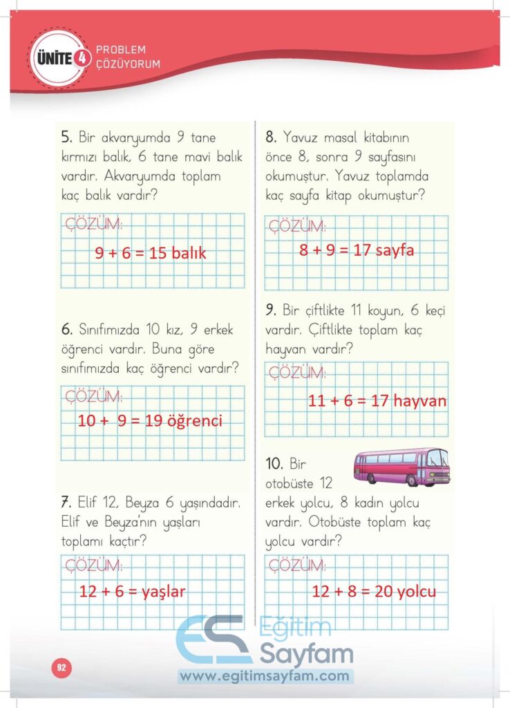 1. Sınıf Matematik Çalışma Kitabı Cevapları Meb Yayınları Sayfa 92