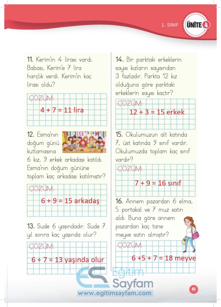 1. Sınıf Matematik Çalışma Kitabı Cevapları Meb Yayınları Sayfa 93