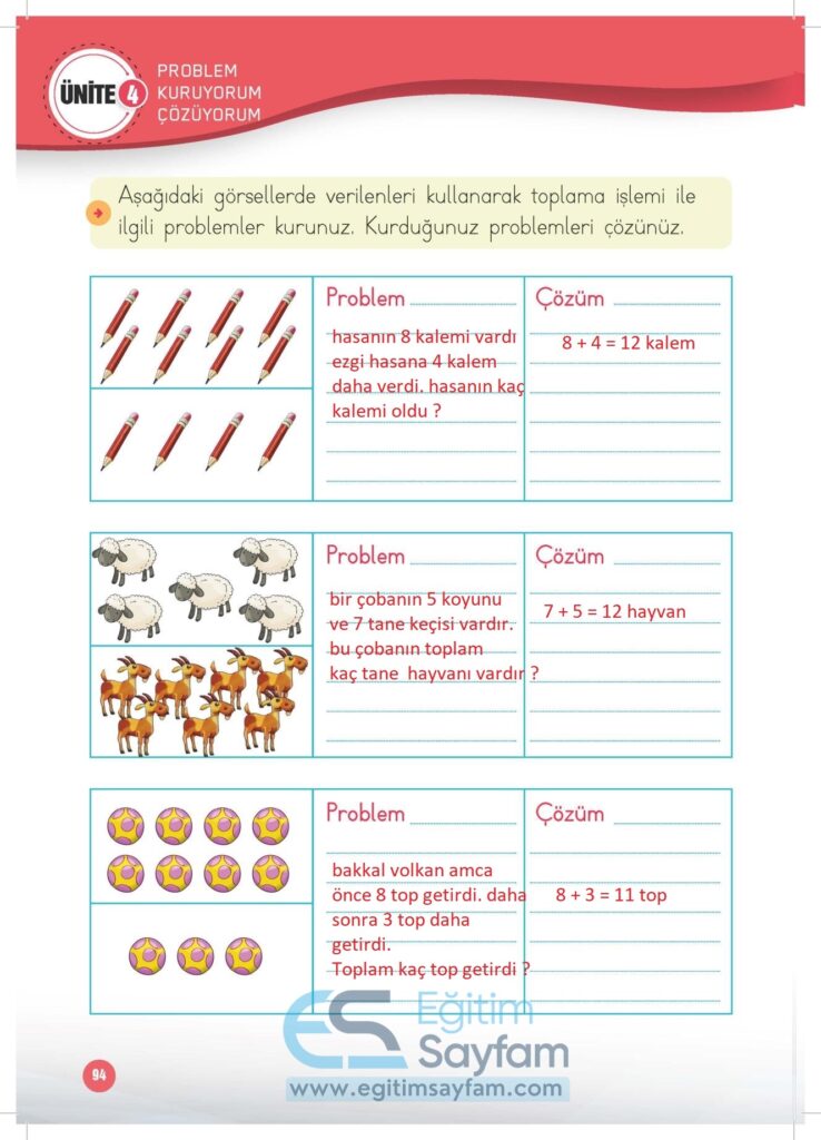 1. Sınıf Matematik Çalışma Kitabı Cevapları Meb Yayınları Sayfa 94