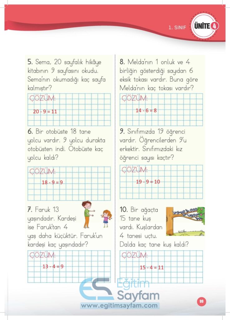 1. Sınıf Matematik Çalışma Kitabı Cevapları Meb Yayınları Sayfa 99