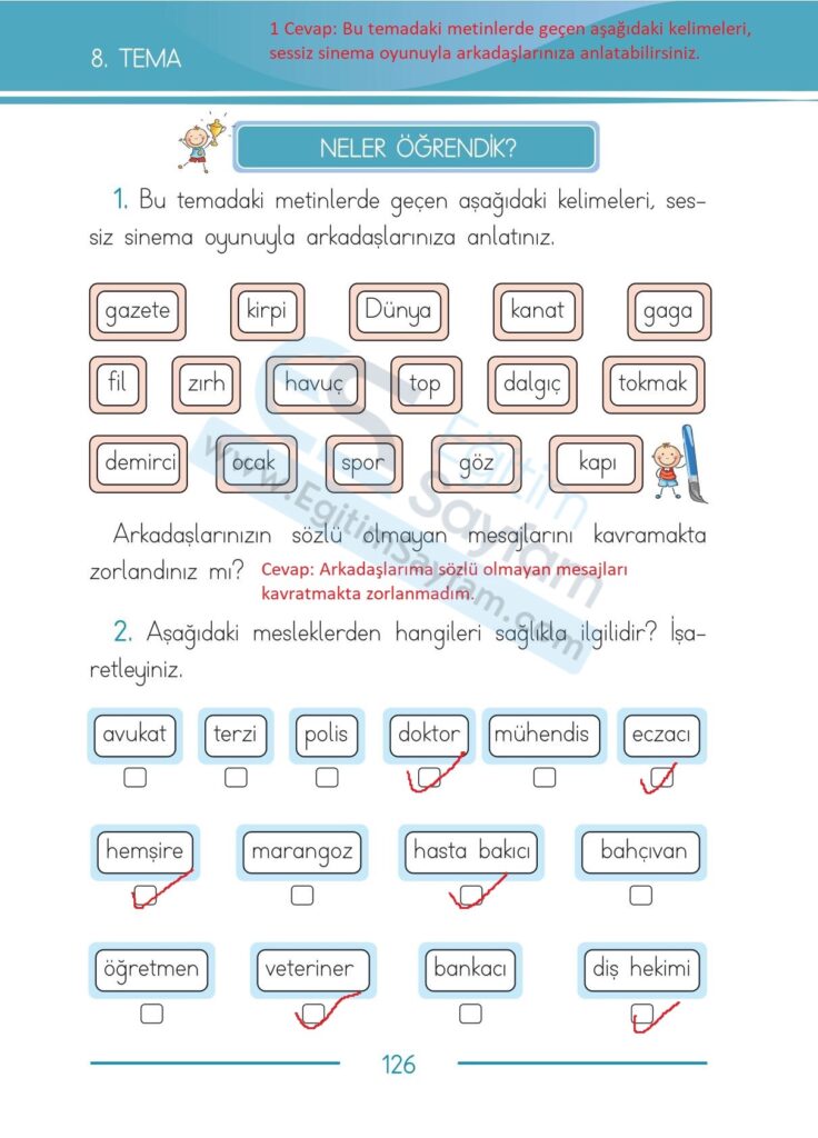 8. Tema Kişisel Gelişim Neler Öğrendik Etkinlik Cevapları (1. Sınıf Türkçe)