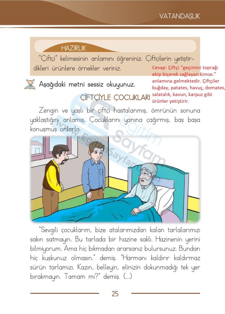 Çiftçiyle Çocukları Metni Etkinlik Cevapları (1. Sınıf Türkçe)