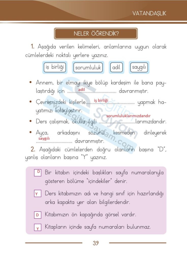 5. Tema Vatandaşlık Neler Öğrendik Etkinlik Cevapları (1. Sınıf Türkçe)