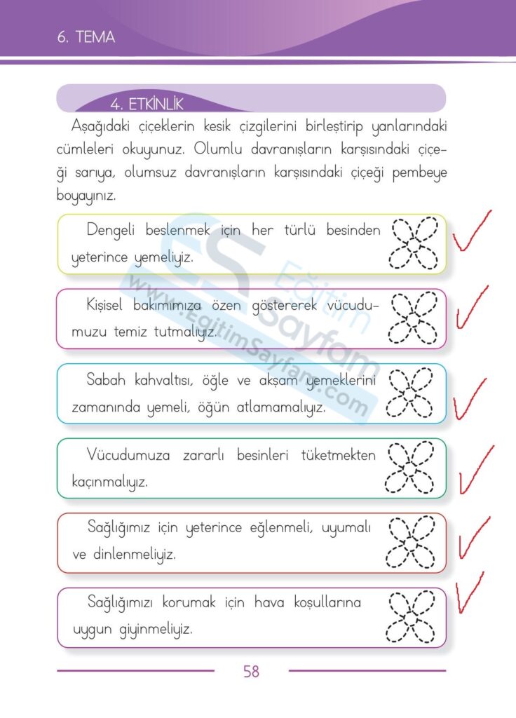 Aşağıdaki çiçeklerin kesik çizgilerini birleştirip yanlarındaki cümleleri okuyunuz. Olumlu davranışların karşısındaki çiçeği sarıya, olumsuz davranışların karşısındaki çiçeği pembeye boyayınız.