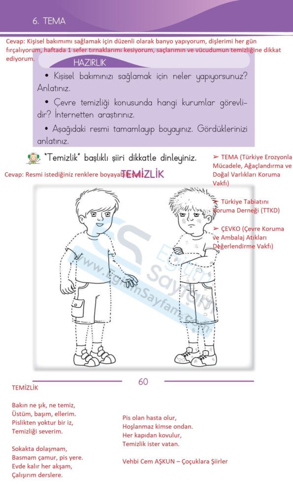 Temizlik Metni Etkinlik Cevapları (1. Sınıf Türkçe)