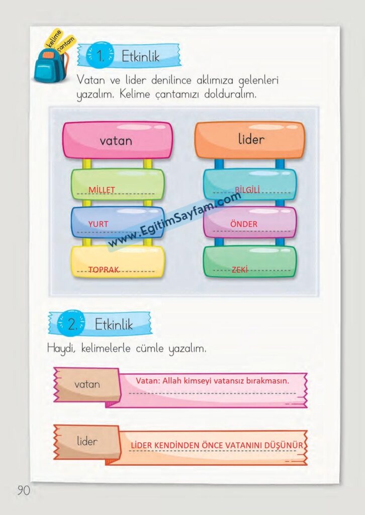 Vatan ve lider denilince aklımıza gelenleri yazalım, Kelime çantamızı dolduralım.