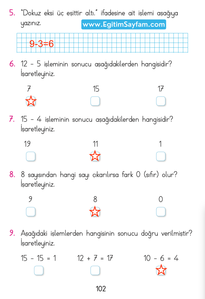 1. Sınıf Matematik Açılım Yayınları Ders Kitabı Cevapları Sayfa 102