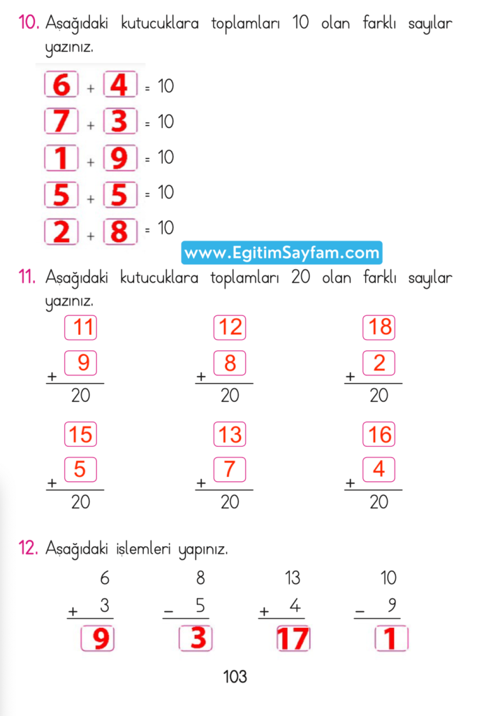 1. Sınıf Matematik Açılım Yayınları Ders Kitabı Cevapları Sayfa 103