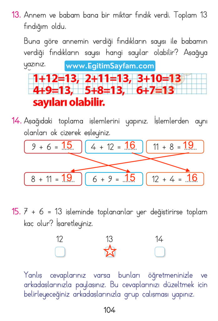 1. Sınıf Matematik Açılım Yayınları Ders Kitabı Cevapları Sayfa 104