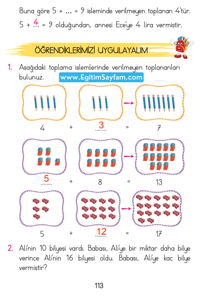 1. Sınıf Matematik Açılım Yayınları Ders Kitabı Cevapları Sayfa 113