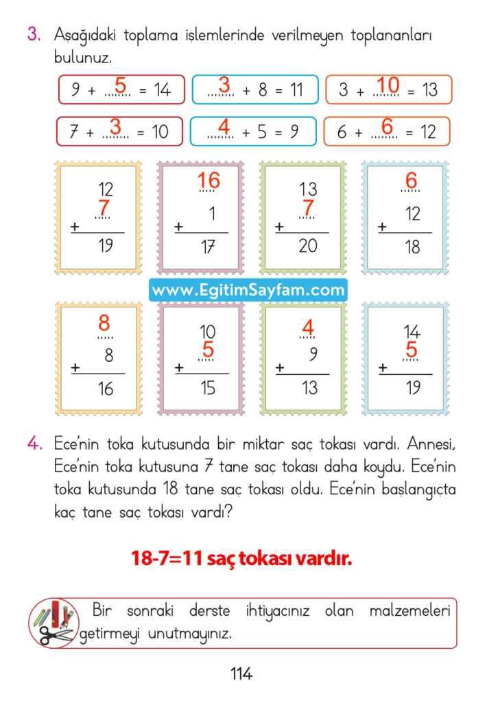 1. Sınıf Matematik Açılım Yayınları Ders Kitabı Cevapları Sayfa 114