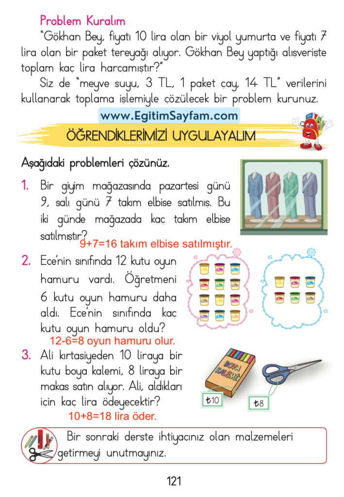 1. Sınıf Matematik Açılım Yayınları Ders Kitabı Cevapları Sayfa 121