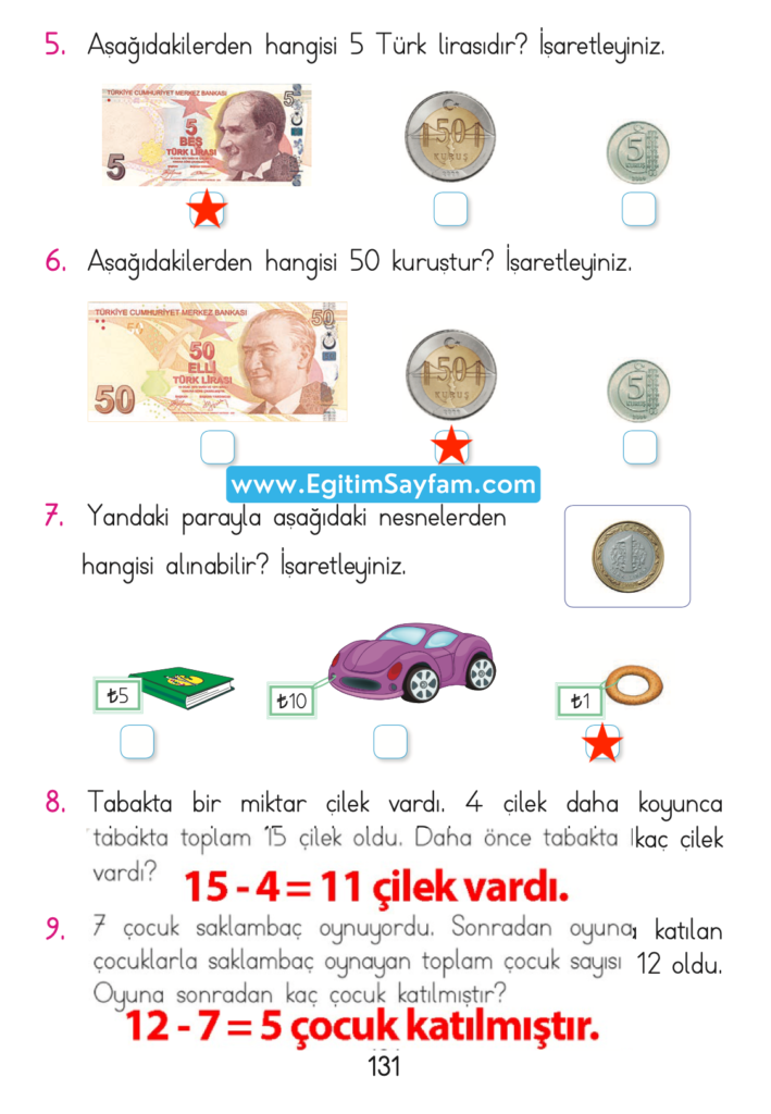 1. Sınıf Matematik Açılım Yayınları Ders Kitabı Cevapları Sayfa 130