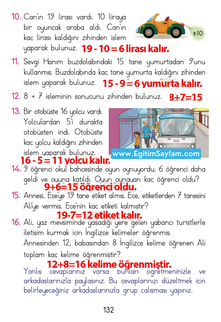 1. Sınıf Matematik Açılım Yayınları Ders Kitabı Cevapları Sayfa 132