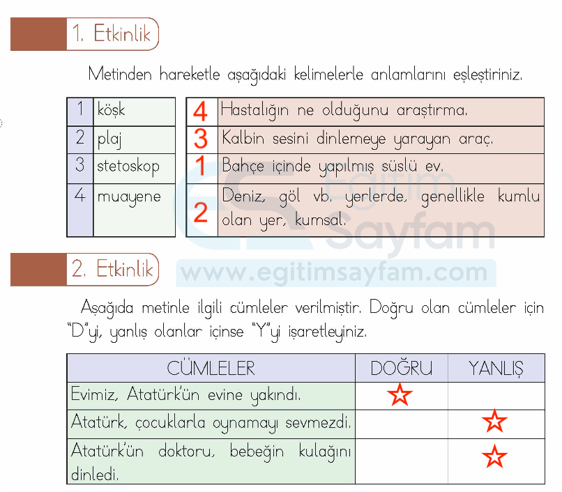 Atatürk Hasta Bebeğime Doktor Getirmişti Metni Etkinlik Cevapları (1. Sınıf Türkçe)