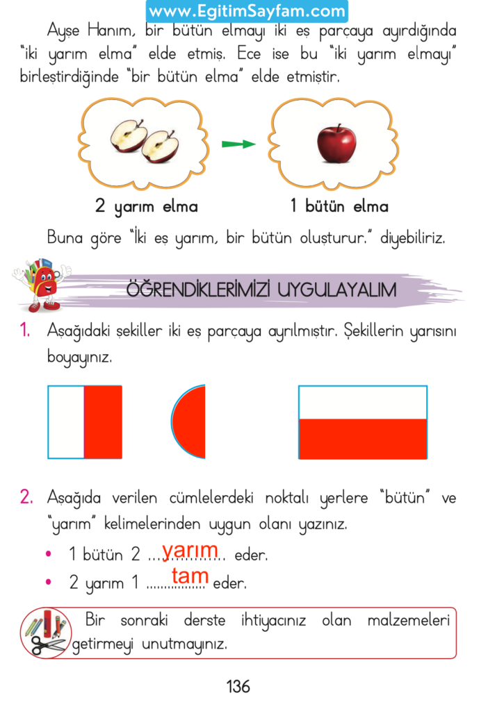 1. Sınıf Matematik Açılım Yayınları Ders Kitabı Cevapları Sayfa 136