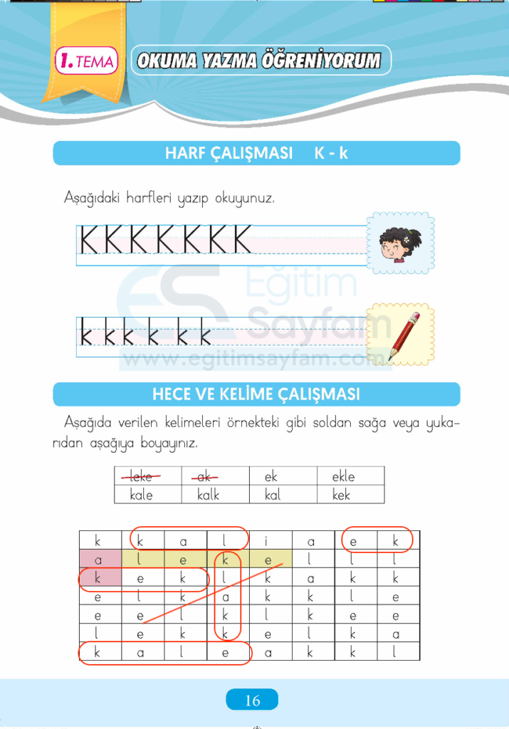 1. Sınıf Türkçe Çalışma Kitabı Cevapları Sayfa 16