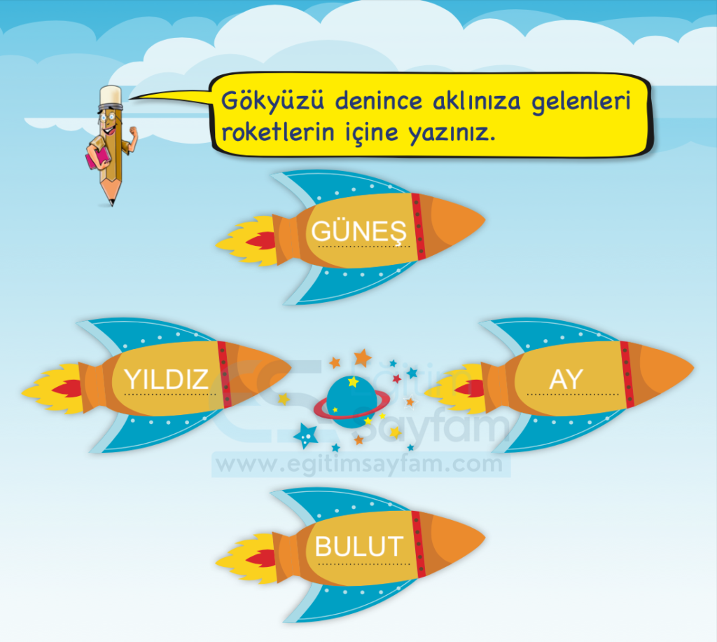 Gökyüzü denince aklınıza gelenleri roketlerin içine yazınız.