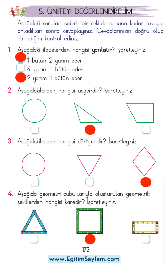 1. Sınıf Matematik Açılım Yayınları Ders Kitabı Cevapları Sayfa 172