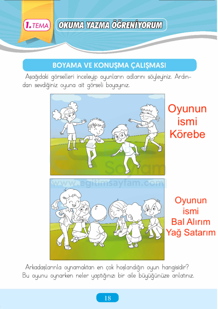 1. Sınıf Türkçe Çalışma Kitabı Cevapları Sayfa 18