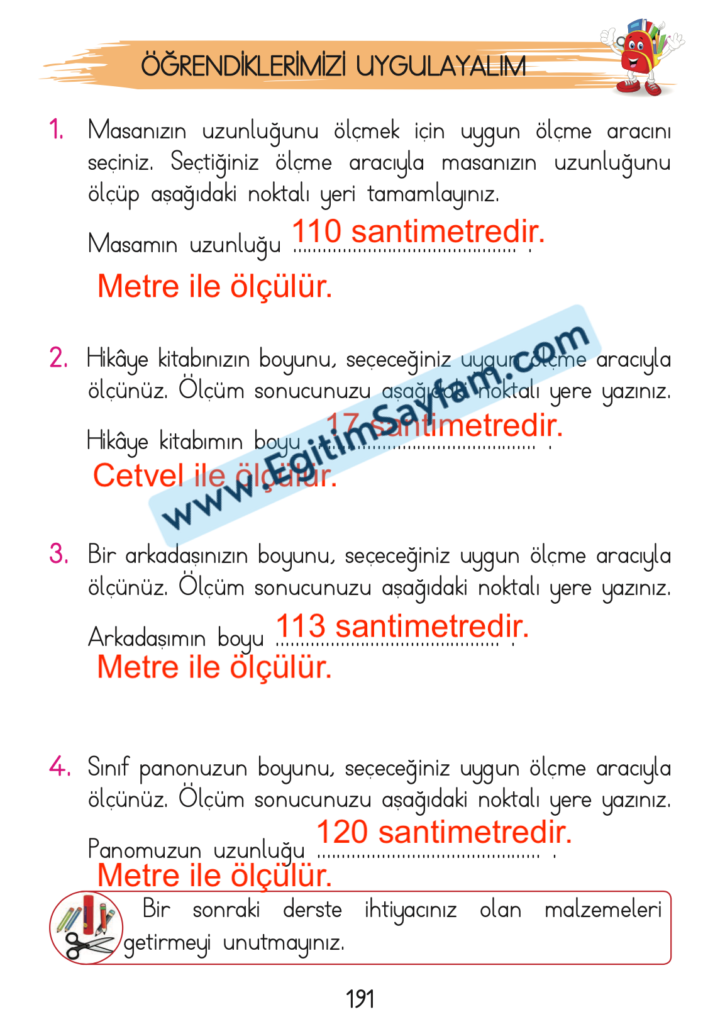 1. Sınıf Matematik Açılım Yayınları Ders Kitabı Cevapları Sayfa 191