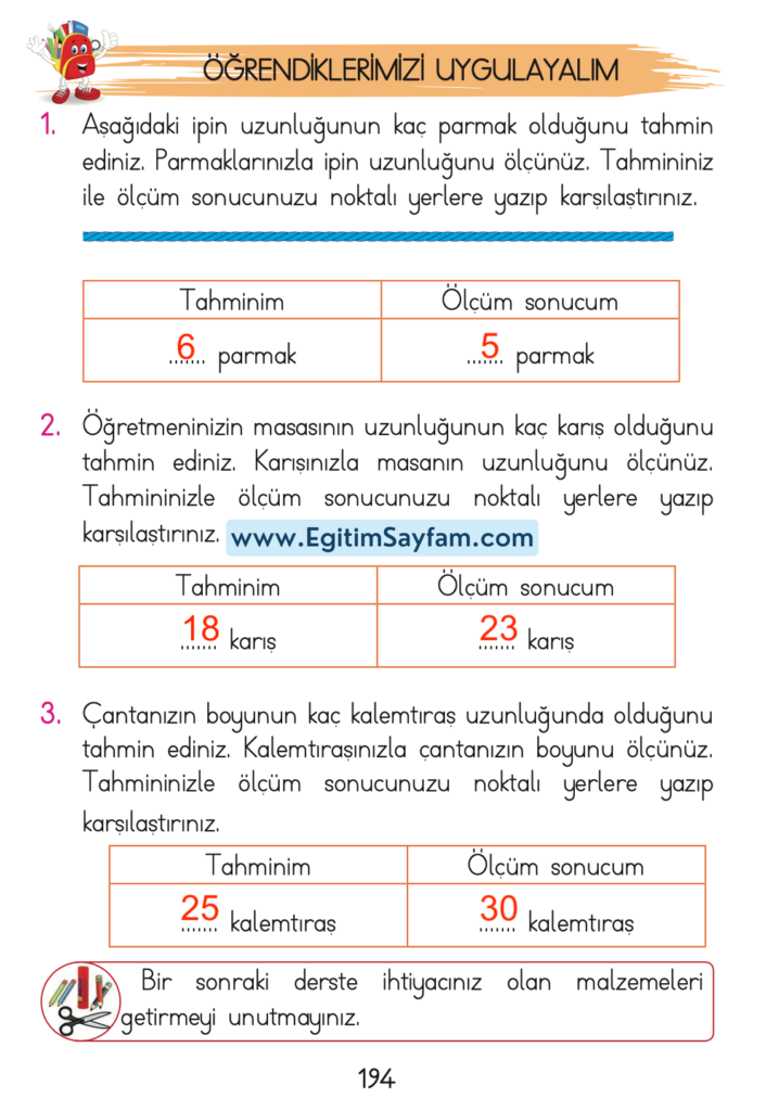 1. Sınıf Matematik Açılım Yayınları Ders Kitabı Cevapları Sayfa 194