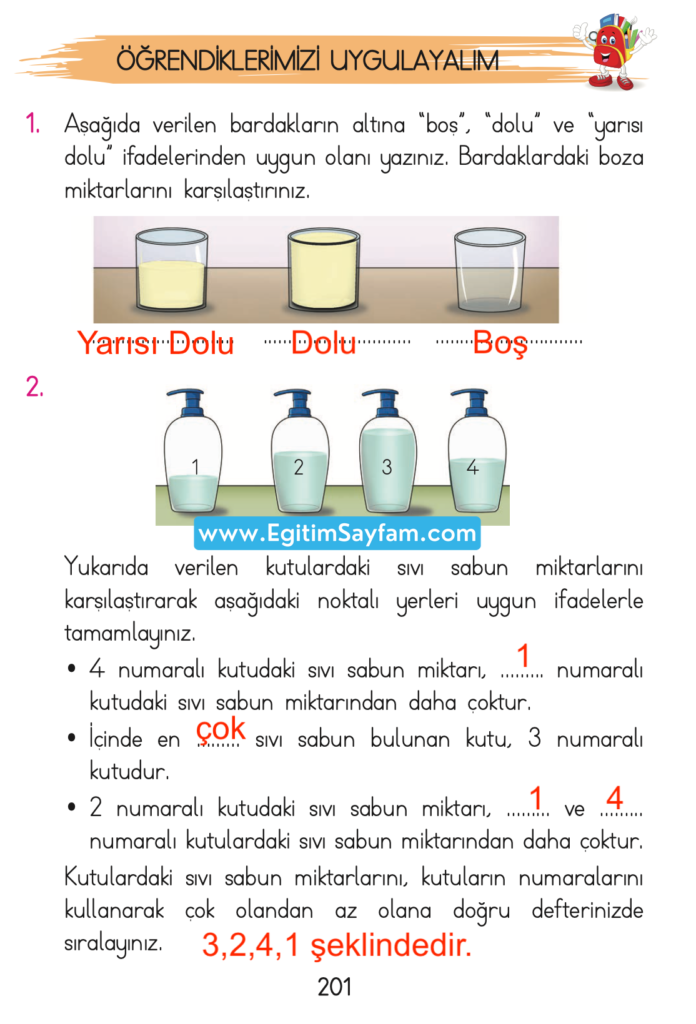 1. Sınıf Matematik Açılım Yayınları Ders Kitabı Cevapları Sayfa 201