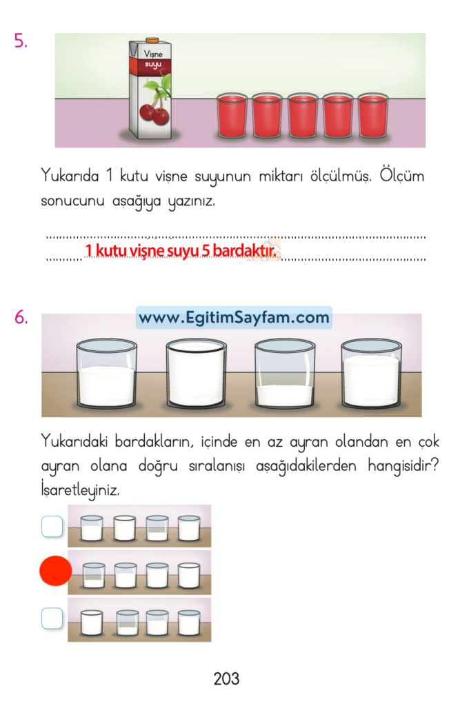 1. Sınıf Matematik Açılım Yayınları Ders Kitabı Cevapları Sayfa 203