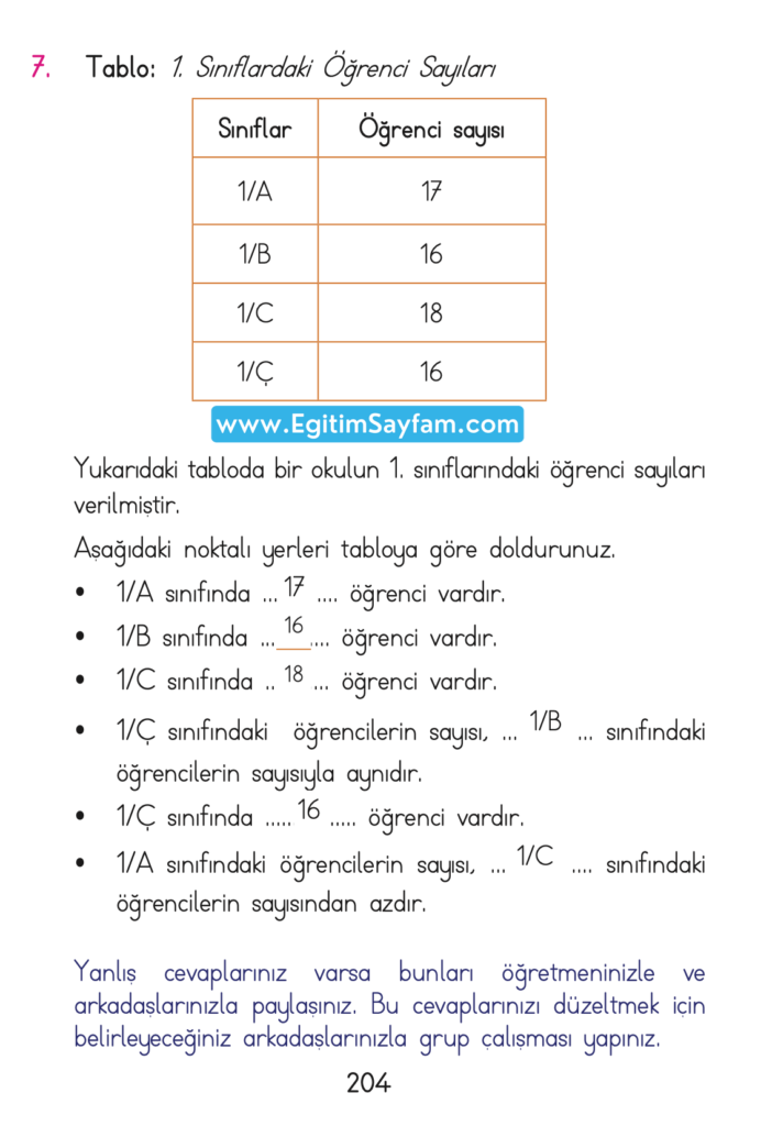 1. Sınıf Matematik Açılım Yayınları Ders Kitabı Cevapları Sayfa 204