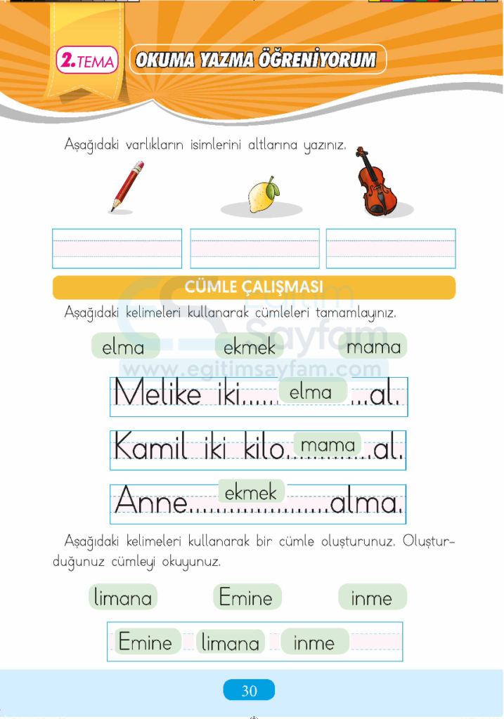 1. Sınıf Türkçe Çalışma Kitabı Cevapları Sayfa 30