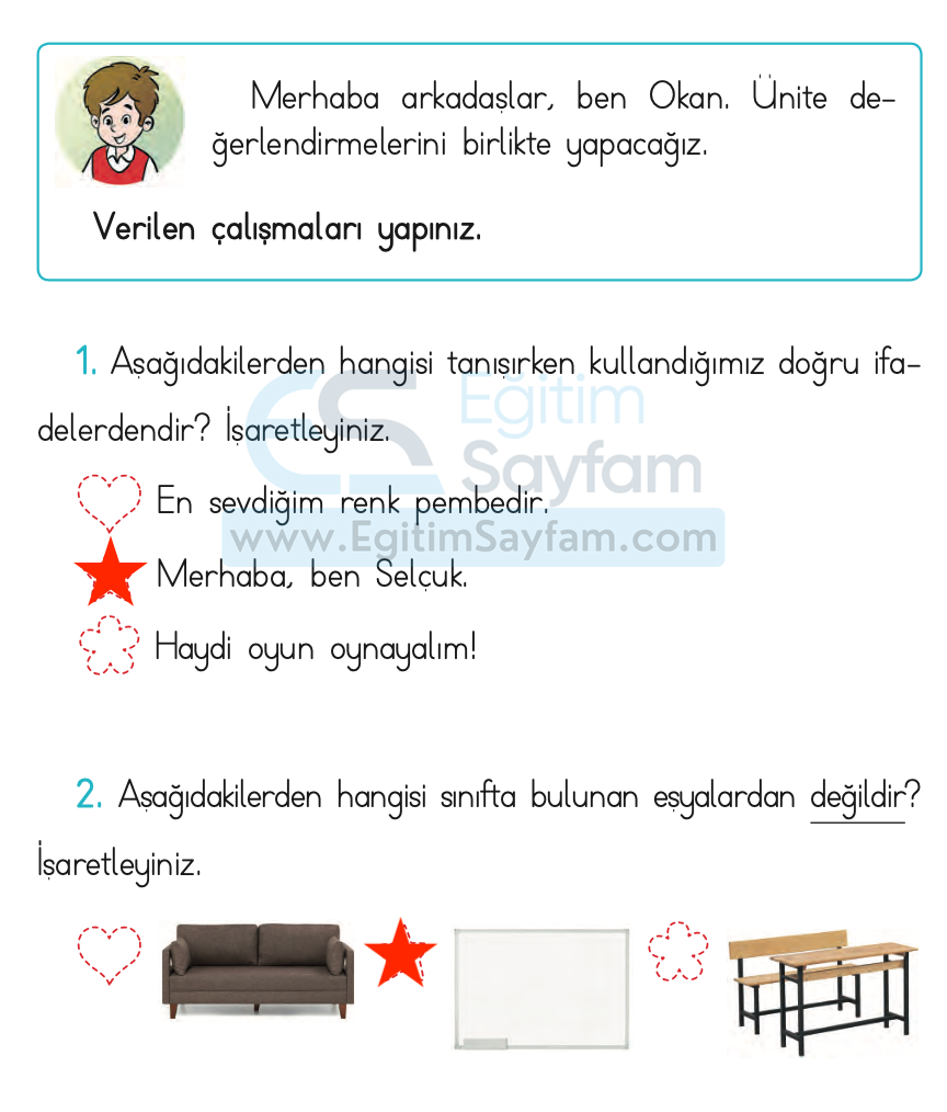 1. Ünite Okulumuzda Hayat Kendimizi Değerlendiriyoruz Cevapları (1. Sınıf Hayat Bilgisi)