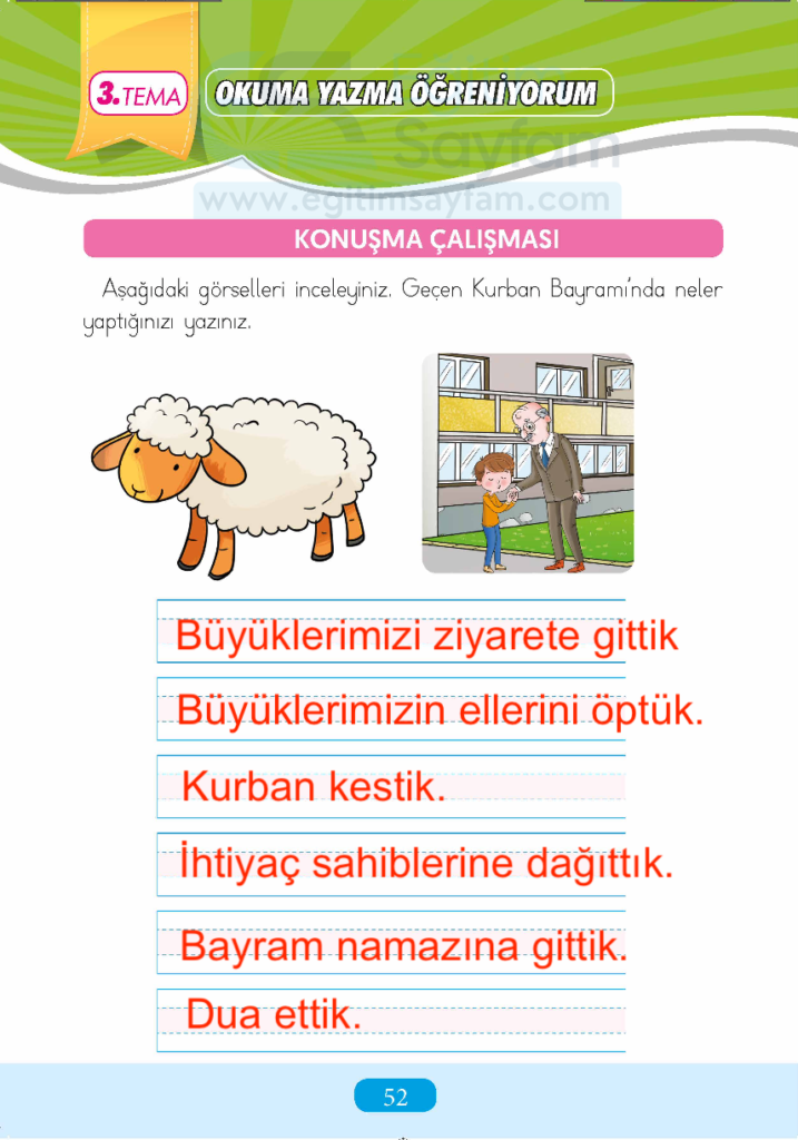 1. Sınıf Türkçe Çalışma Kitabı Cevapları Sayfa 52