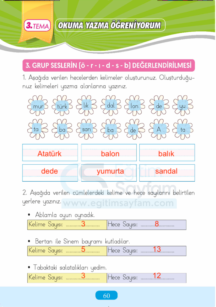 1. Sınıf Türkçe Çalışma Kitabı Cevapları Sayfa 60