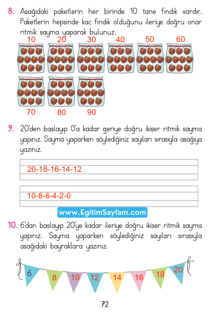 1. Sınıf Matematik Açılım Yayınları Ders Kitabı Cevapları Sayfa 72