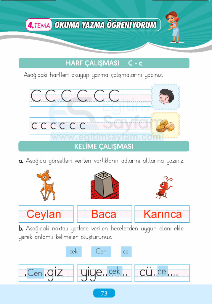 1. Sınıf Türkçe Çalışma Kitabı Cevapları Sayfa 73