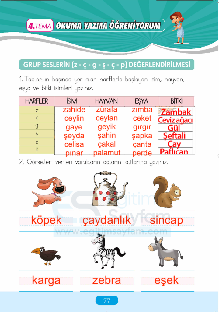 1. Sınıf Türkçe Çalışma Kitabı Cevapları Sayfa 77