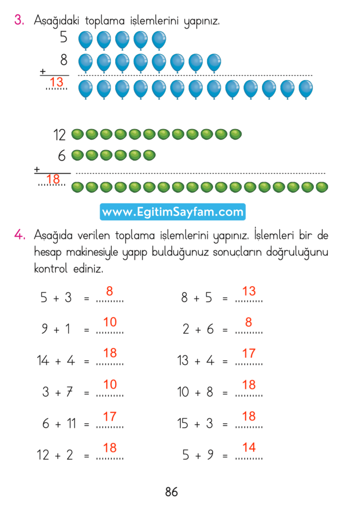 1. Sınıf Matematik Açılım Yayınları Ders Kitabı Cevapları Sayfa 86