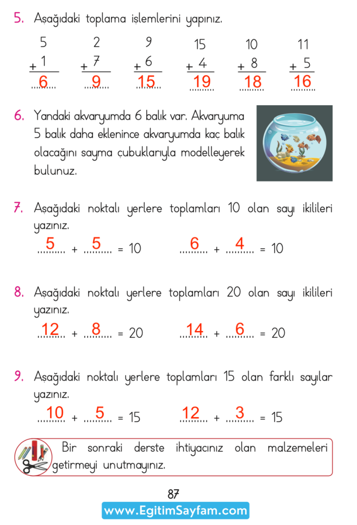 1. Sınıf Matematik Açılım Yayınları Ders Kitabı Cevapları Sayfa 87