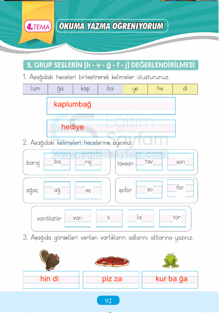 1. Sınıf Türkçe Çalışma Kitabı Cevapları Sayfa 92