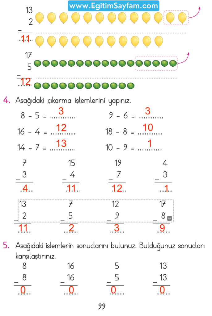 1. Sınıf Matematik Açılım Yayınları Ders Kitabı Cevapları Sayfa 99