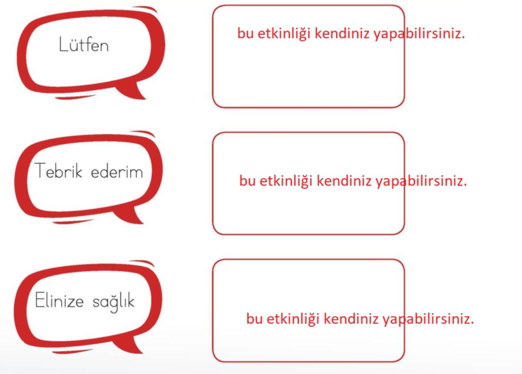 Aşağıdaki nezaket ifadelerinin kullanıldığı durumlara ait resimler bularak resimleri ilgili alanlara yapıştırınız.