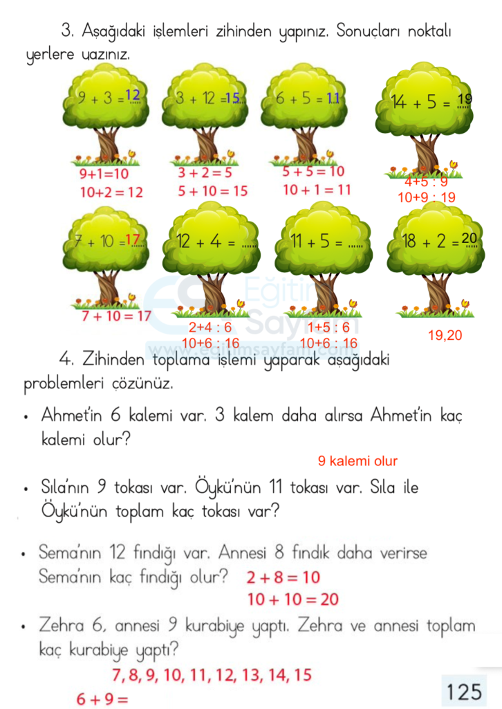 1. Sınıf Matematik Ders Kitabı Cevapları Dizin Yayıncılık Sayfa 125