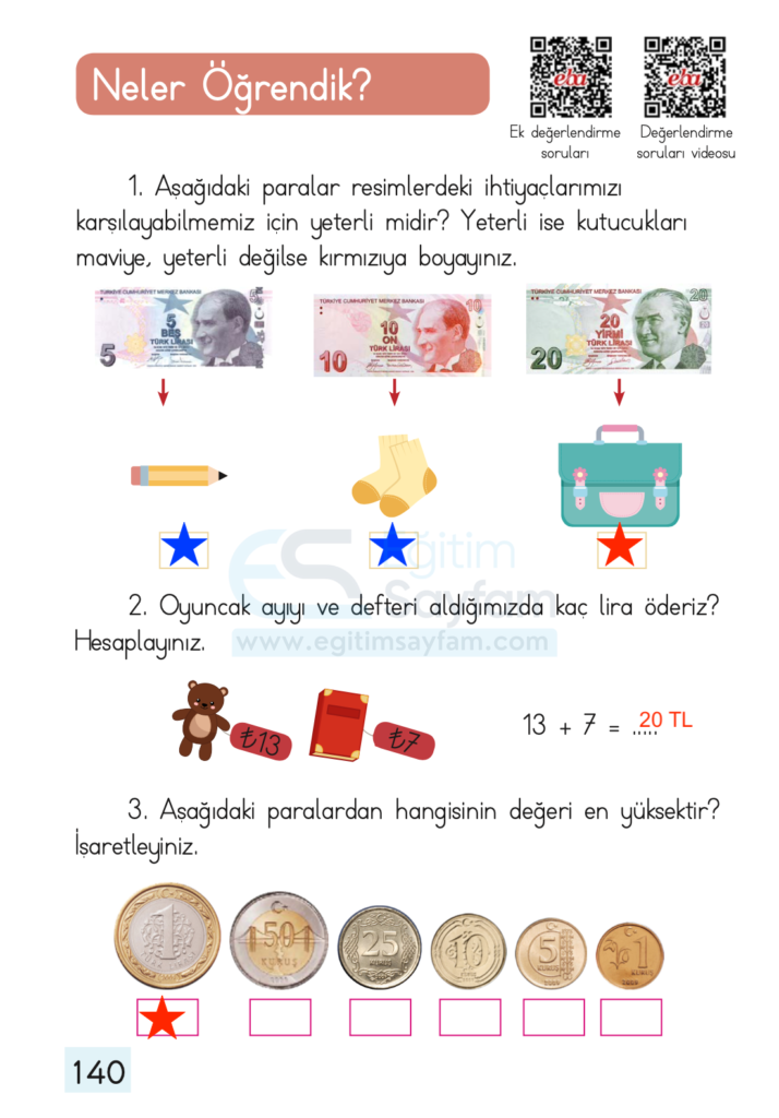 1. Sınıf Matematik Ders Kitabı Cevapları Dizin Yayıncılık Sayfa 140