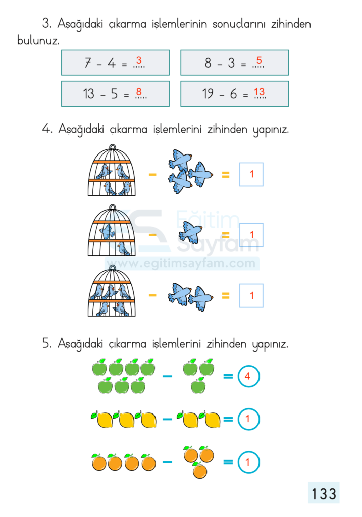 1. Sınıf Matematik Ders Kitabı Cevapları Dizin Yayıncılık Sayfa 133