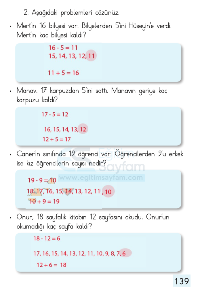 1. Sınıf Matematik Ders Kitabı Cevapları Dizin Yayıncılık Sayfa 139