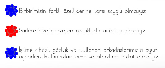 Aşağıdaki ifadelerden doğru olanın başındaki çiçeği maviye, yanlış olanın başındaki çiçeği kırmızıya boyayınız.