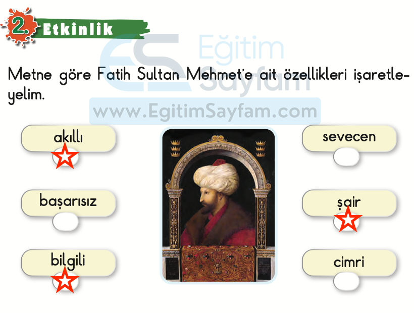 Fatih Sultan Mehmet Dinleme Metni Etkinlik Cevapları (2. Sınıf Türkçe)