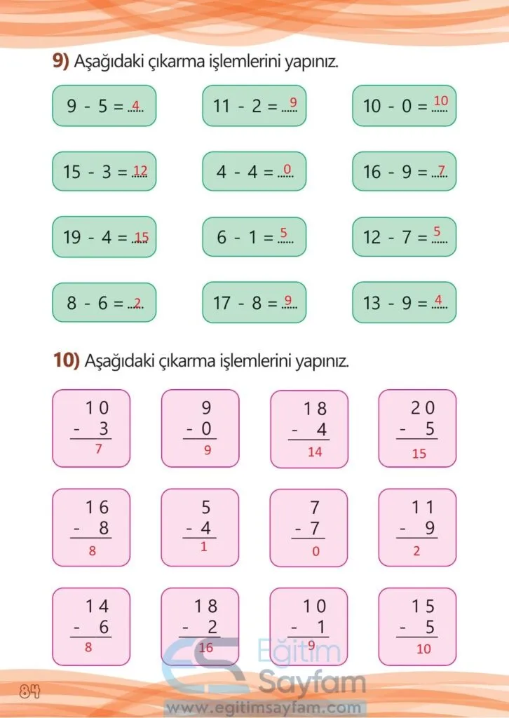 1. Sinif Meb Yayinlari Matematik Calisma Kitabi Cevaplari 1. Kitap 84