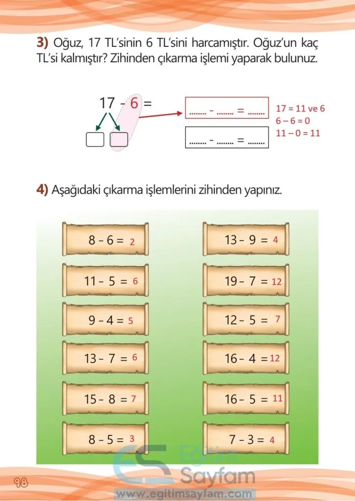 1. Sinif Meb Yayinlari Matematik Calisma Kitabi Cevaplari 1. Kitap 98